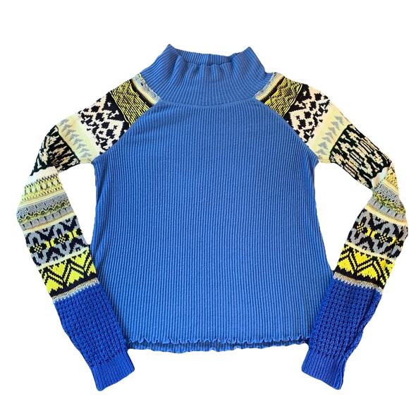 Free People Blue Bell Combo Sweater Women’s XS Ribbed Blue Fair Isle Mock Neck - Picture 3 of 14